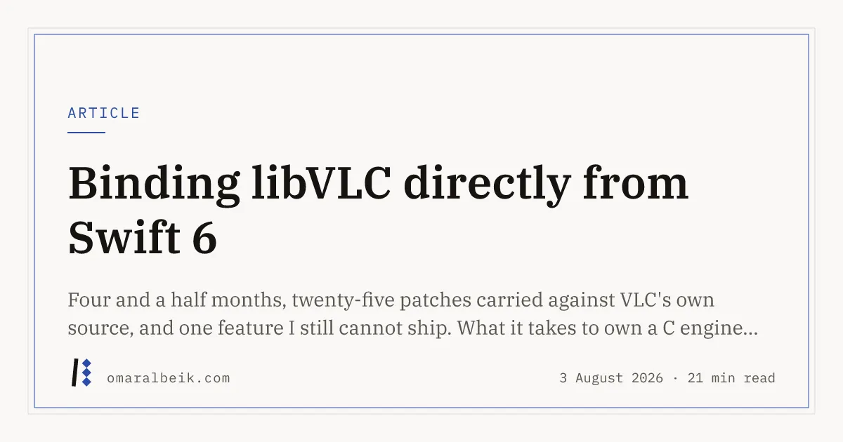 A link preview card: the word ARTICLE in small blue capitals above a short rule, then the post title in a large serif, a two-line description below it, and a footer with the site mark, the domain, the date and the reading time.
