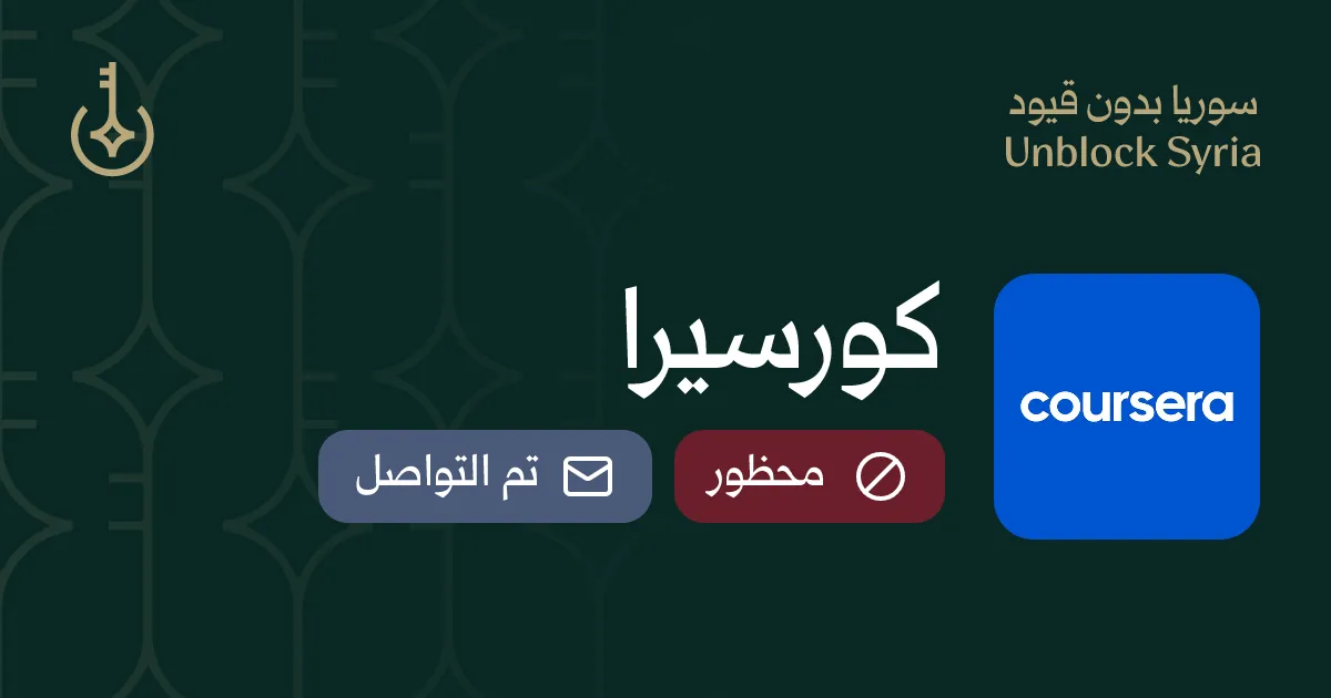 The same Unblock Syria card in Arabic. The whole layout is mirrored: the Coursera logo sits at the right, the name is written in Arabic as كورسيرا, and the two badges read محظور and تم التواصل.
