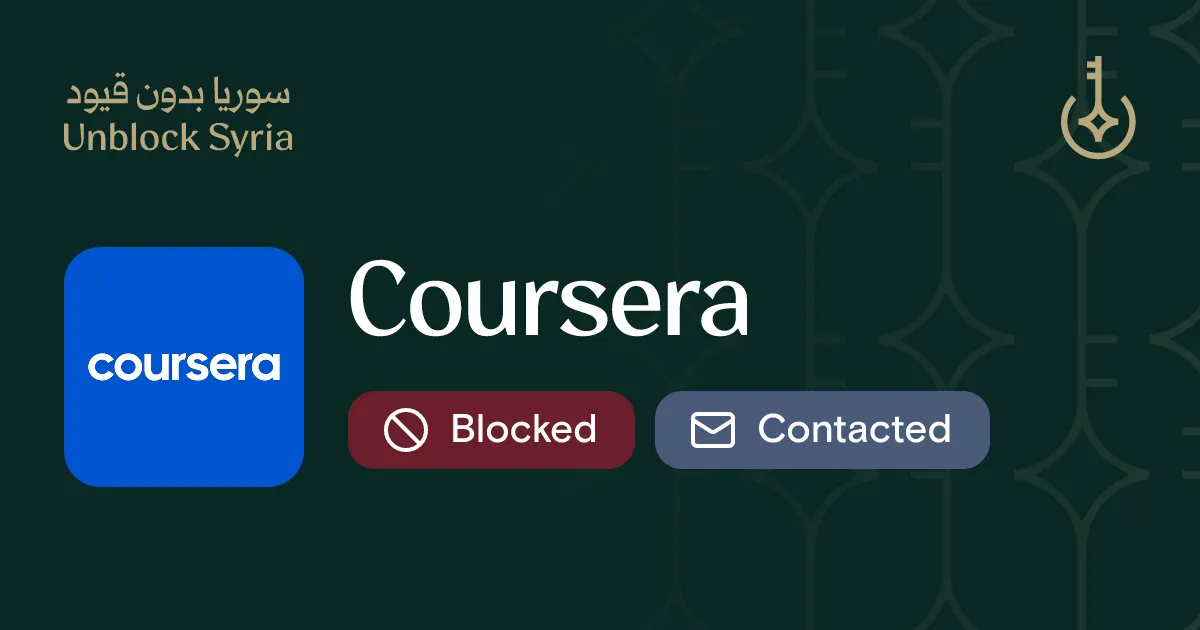 An Unblock Syria service card on a dark green ground: the Coursera logo, the name Coursera in a large light serif, and two pill-shaped badges reading Blocked and Contacted.